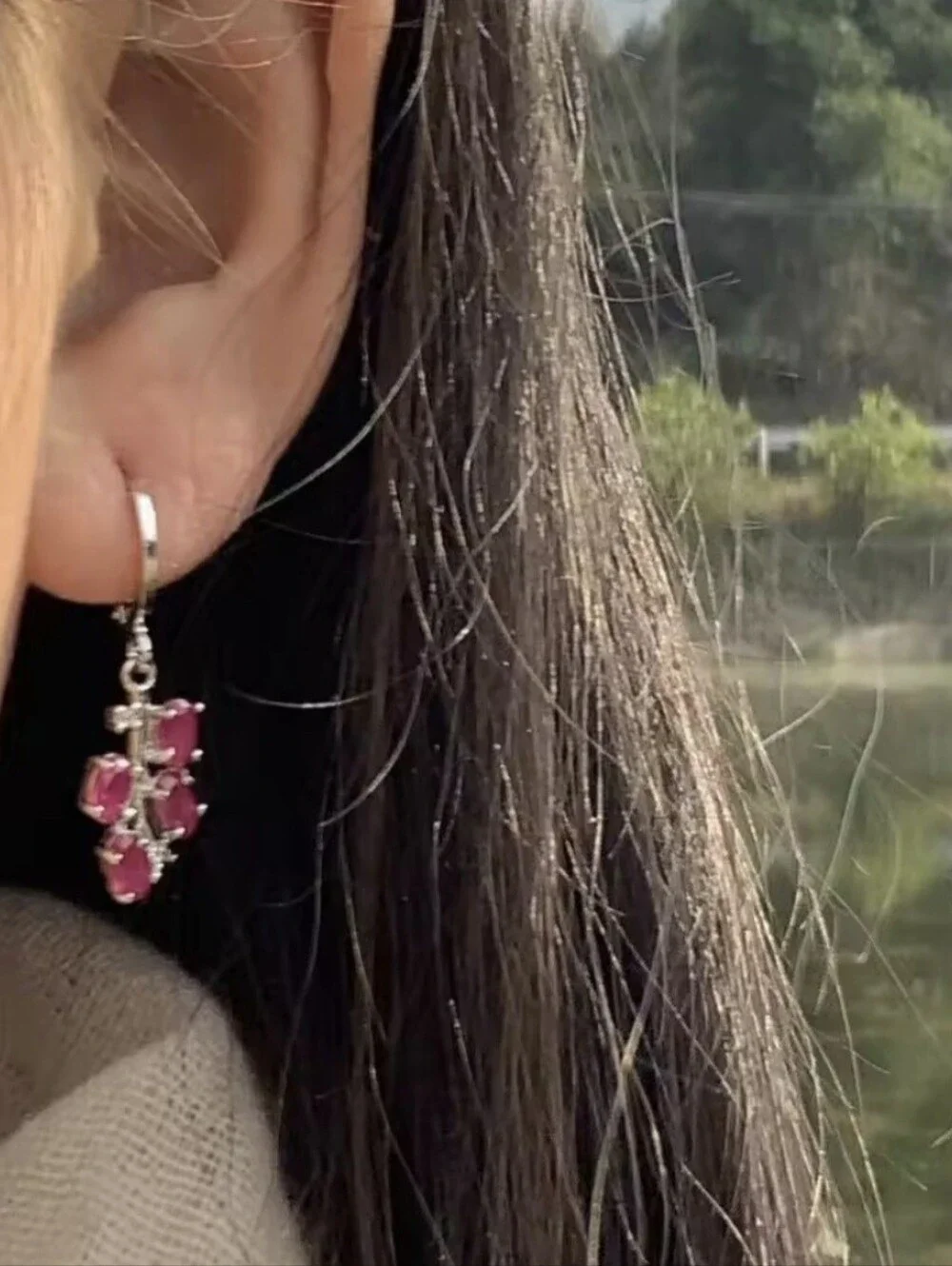 🎉🎉NEW🎉🎉 STUNNING!! SS Oval RUBY Hoop Dangle Earrings